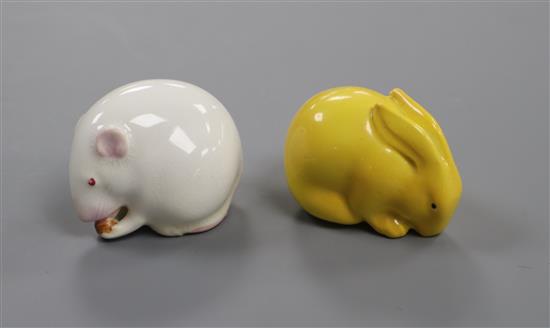 A Royal Worcester figure of a yellow rabbit and another of a white mouse, early 20th century, H. 3.5cm